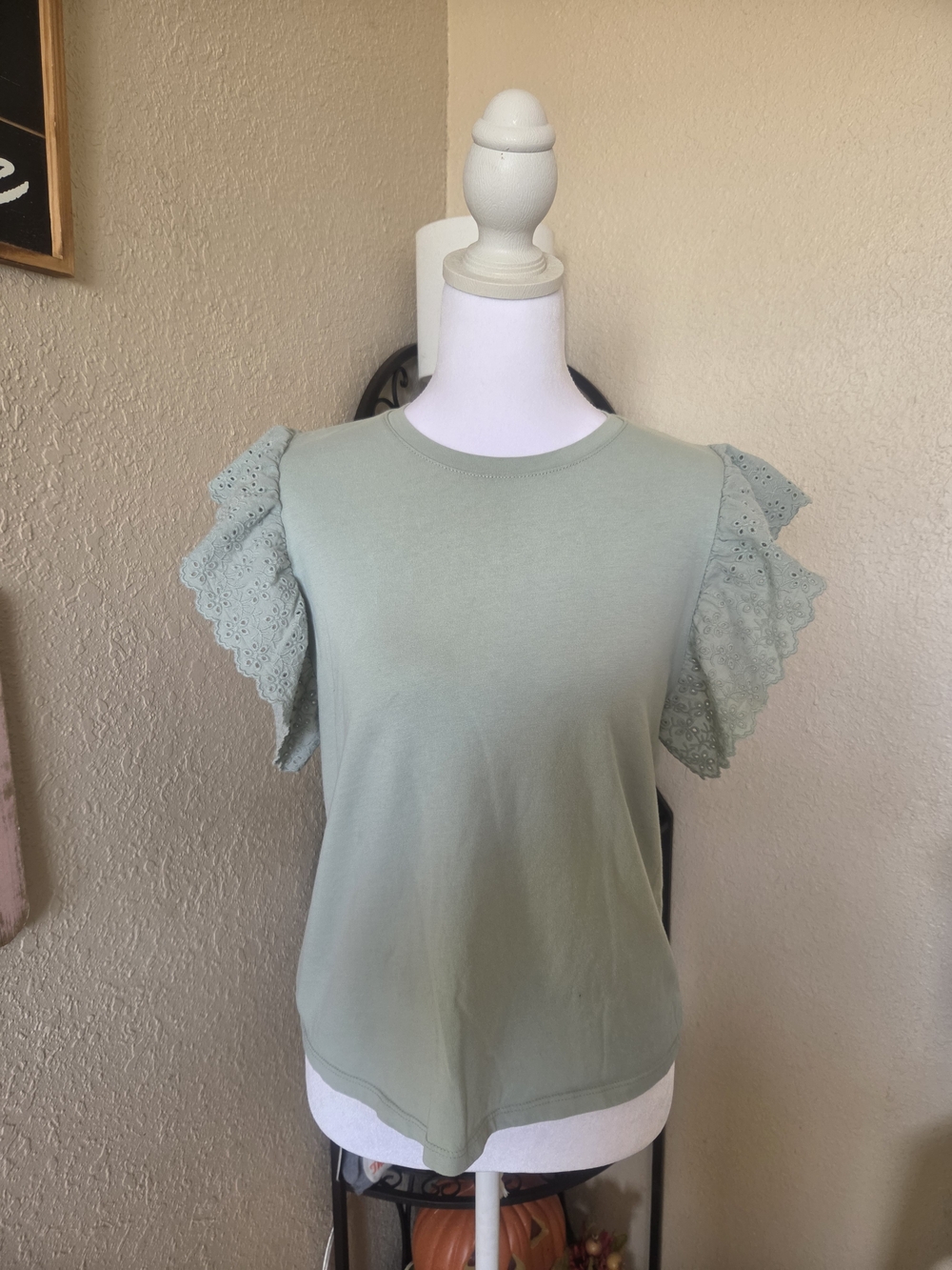 Zara Light Sage Green Eyelet Ruffle Sleeve Tee